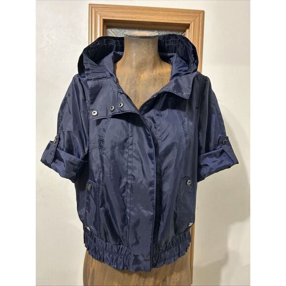 WHBM Cropped Bomber Jacket Hood Small Blue Weatherproof Roll Sleeves Hoodie - Picture 1 of 14